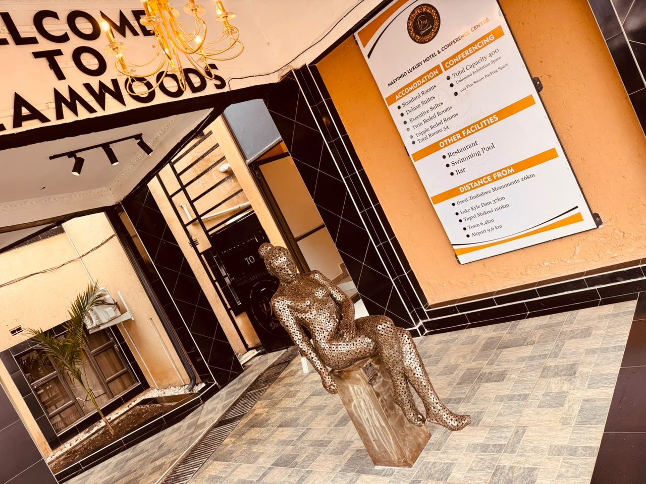 Welcome to DreamWoods entrance with facilities board in Masvingo