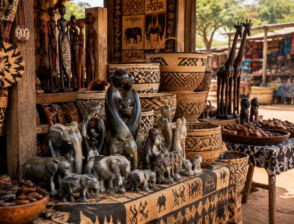 Stone sculptures, woven baskets and wood carvings at a Masvingo craft market