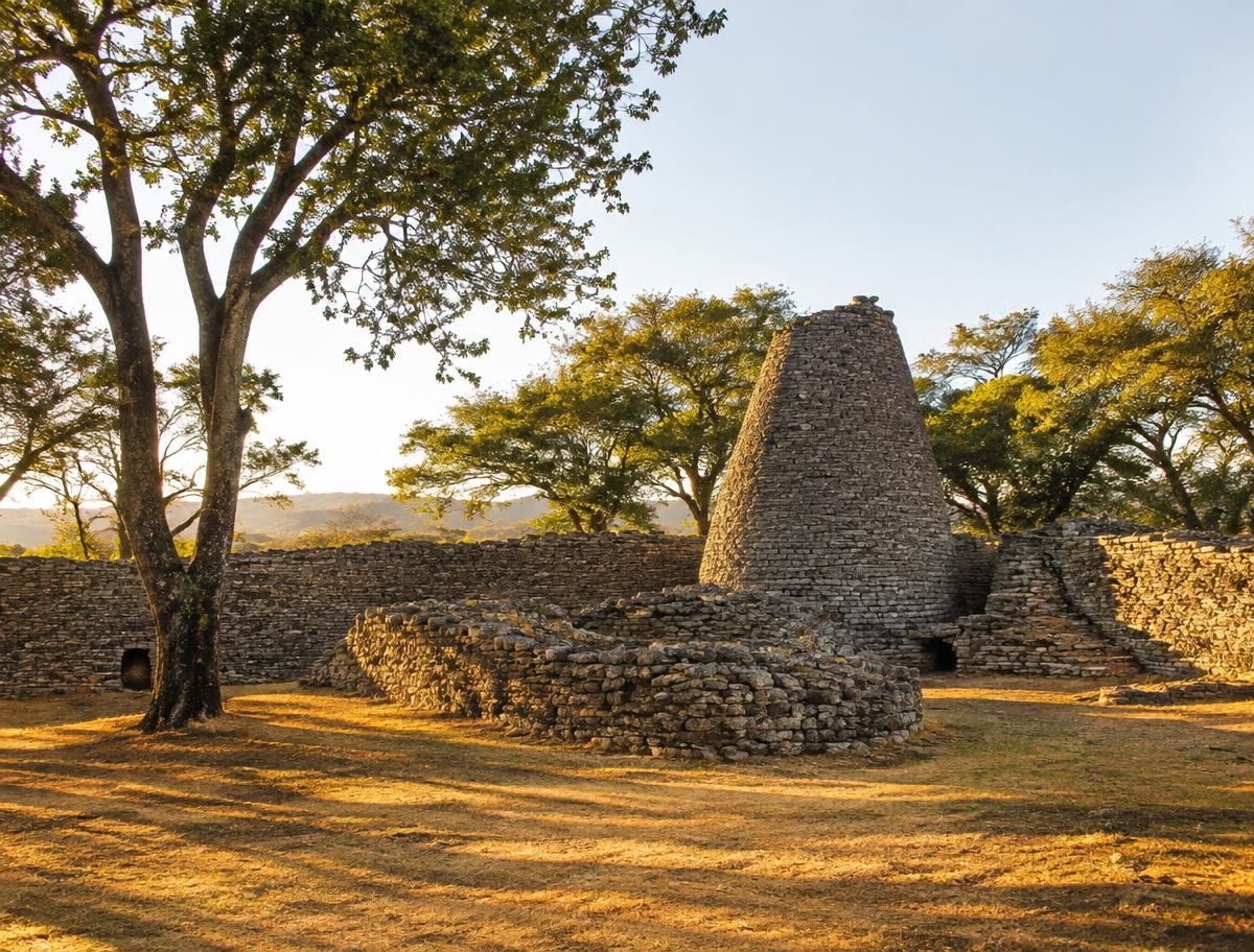Stone walls and conical tower at Great Zimbabwe National Monument near Masvingo