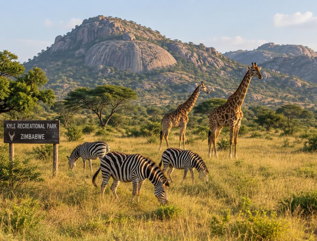 Zebra and giraffe grazing in Kyle Recreational Park near Masvingo