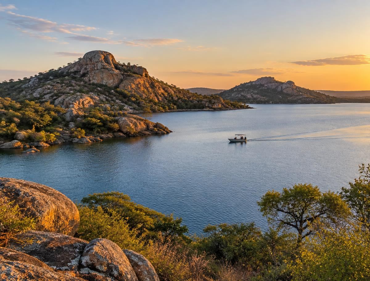 Lake Mutirikwi with granite hills at sunset near Masvingo
